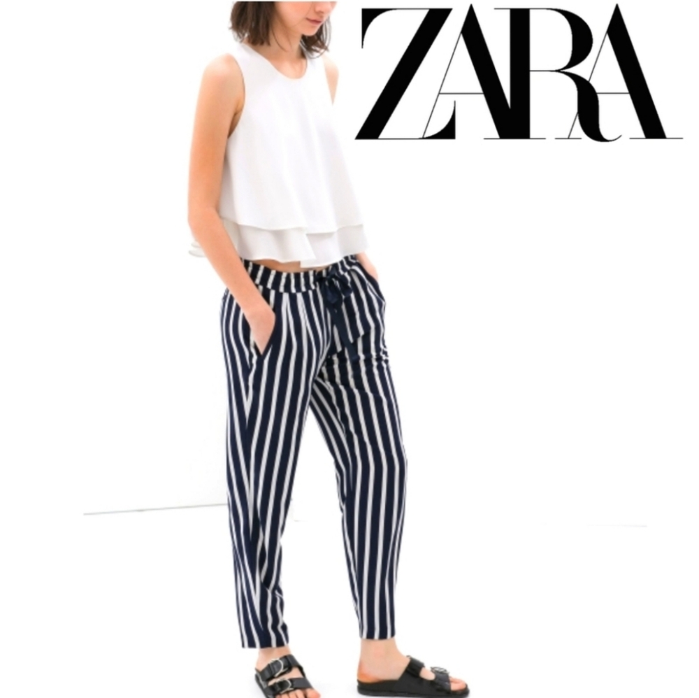 Zara Nautical Striped High-Rise Cropped Drawstring Pants Blue & White Size Large